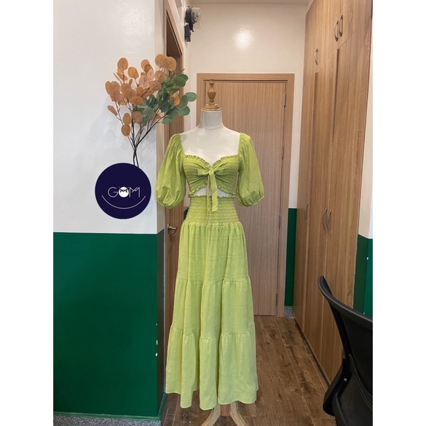 Đầm váy maxi xanh bơ xanh cốm đi biển đũi áo nhún xoè tay phồng set áo croptop tay bồng chân váy dài đi chơi đi biển
