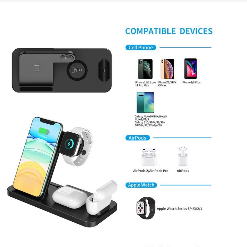 Bộ sạc không dây 4 trong 1 15W Qi thích hợp cho điện thoại iphone/ đồng hồ/ tai nghe