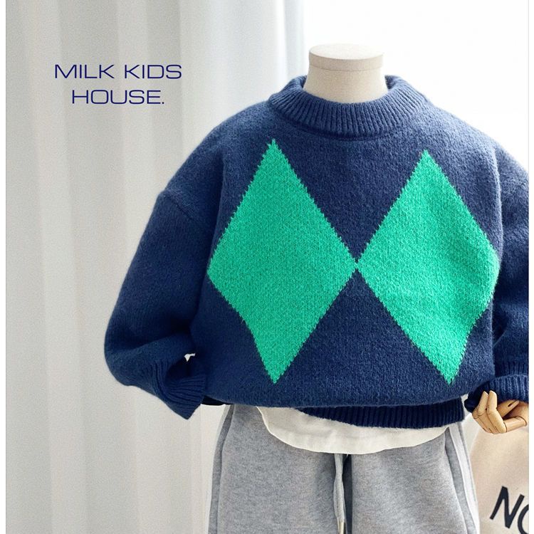 Sữa trẻ em. Kẻ Caro Màu Tương Phản!Áo Sweater Dày Chui Đầu Kiểu Retro Thời Trang Mùa Đông Ấm Áp Cho Bé Trai