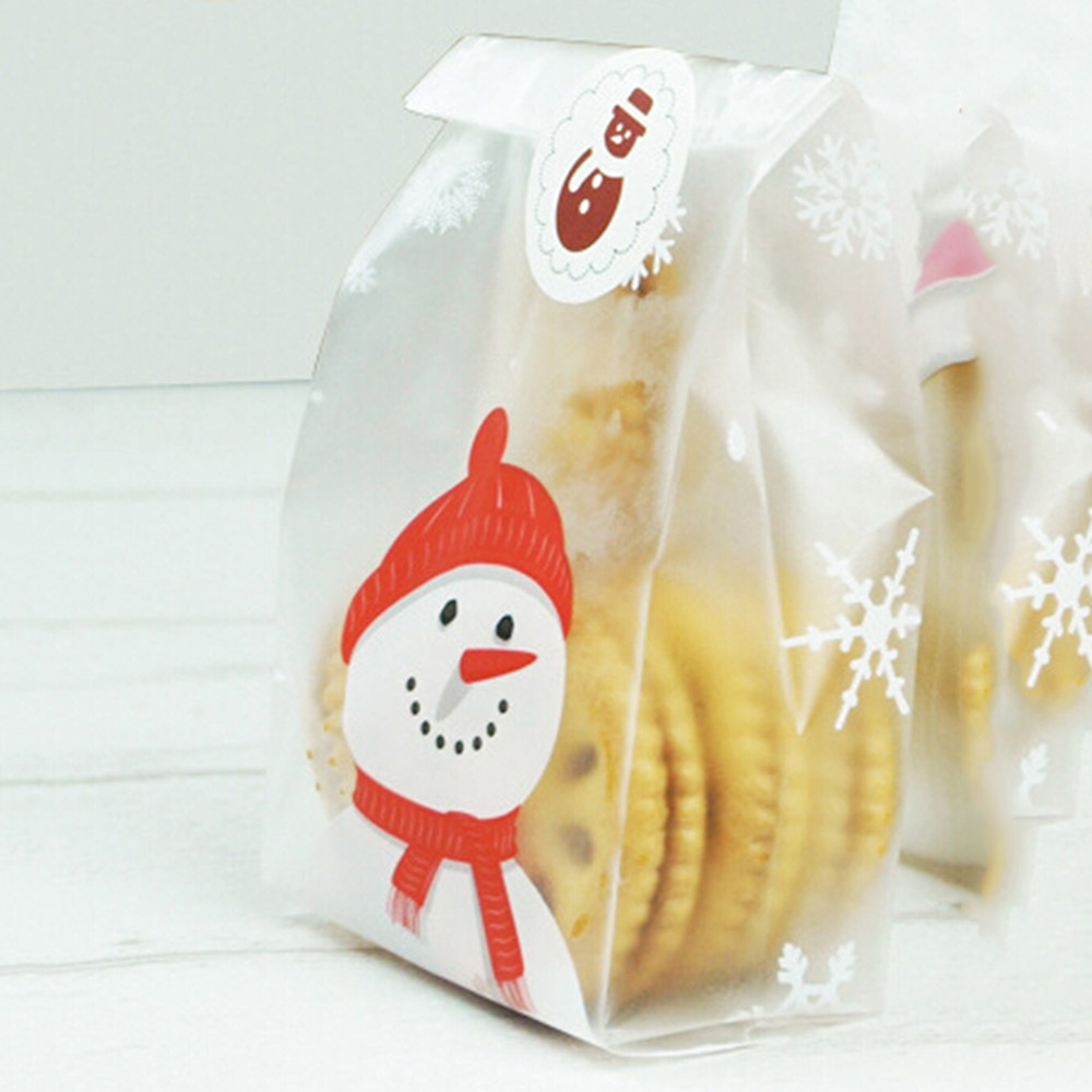 Set 50 Túi Nhựa Đựng Kẹo Giáng Sinh Tự Dính Hình Người Tuyết Dễ Thương Cho Trẻ Em