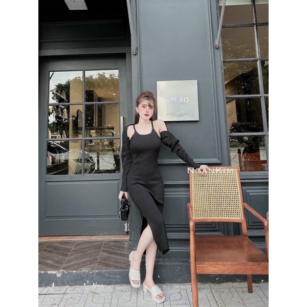 Set váy len yếm tăm dây kèm áo khoác len tăm dáng lỡ dài tay