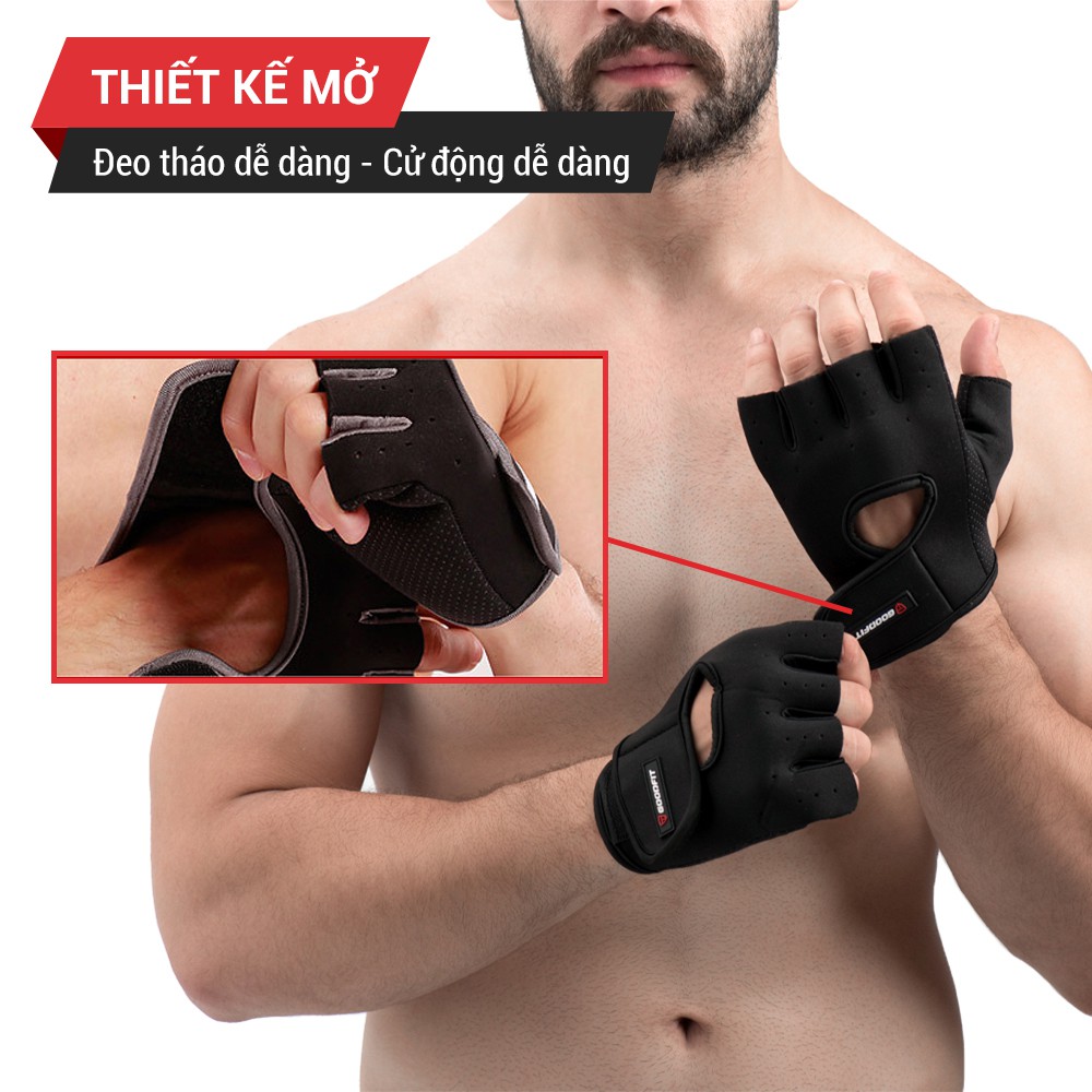 Găng tay hở ngón, bao tay tập gym, tập đu xà nam nữ GoodFit đệm silicone chống trượt, vải đục lỗ thoáng khí GF202G