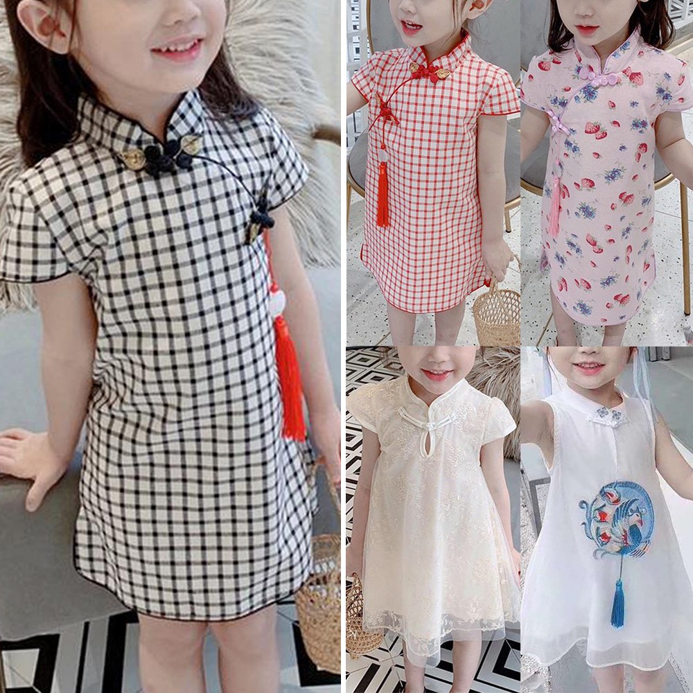 Đầm Sườn Xám Tay Ngắn Cổ Cao Chất Liệu Cotton In Họa Tiết Hoa Phong Cách Trung Quốc Xinh Xắn Cho Bé Gái