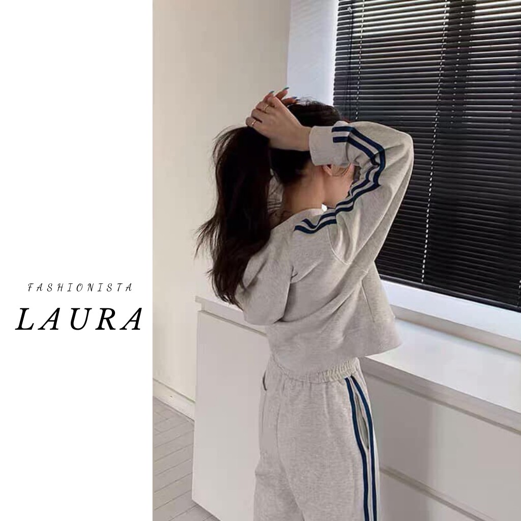 Set áo khoác nỉ dài tay 3 sọc kèm quần dài bo ống Laura Boutique - Set áo khoác quần thụng kẻ sọc xám năng động | BigBuy360 - bigbuy360.vn
