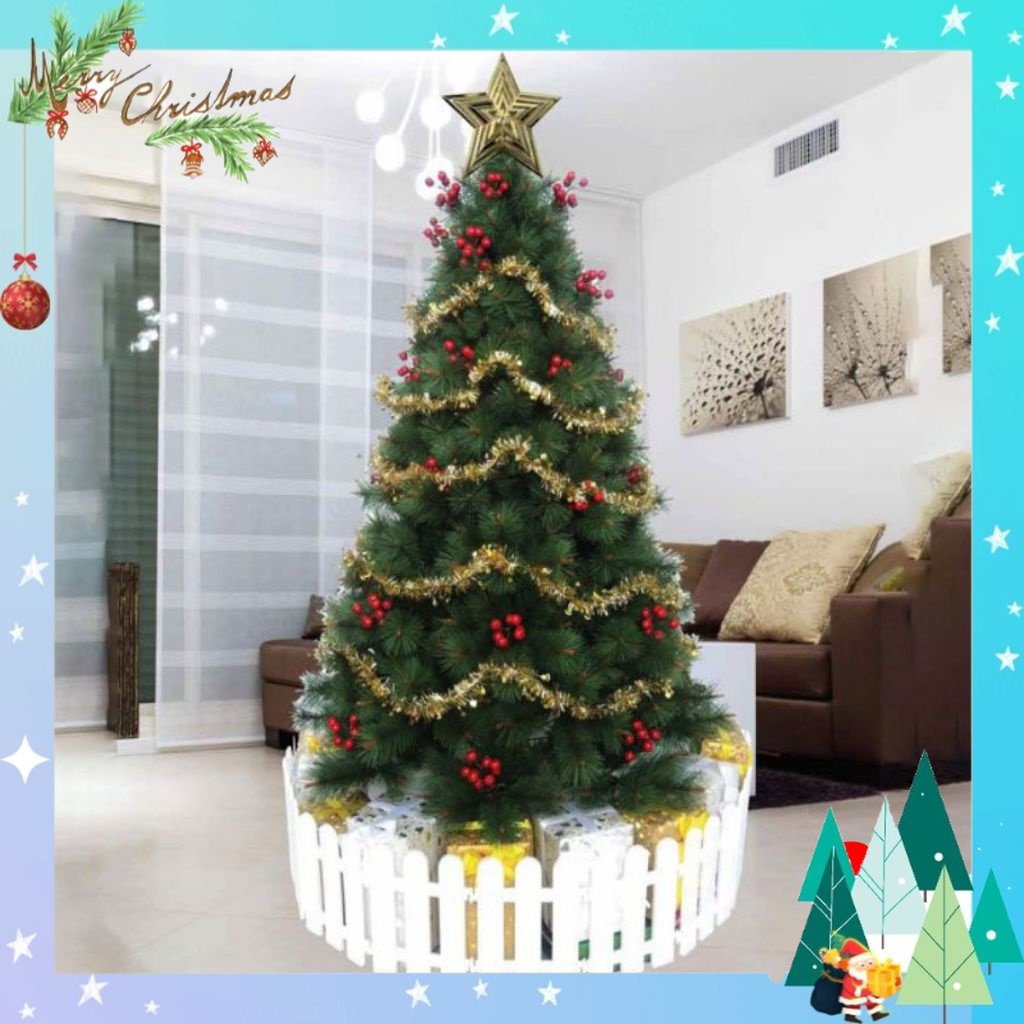 Cây thông noel 3m, cây thông noel cước đầu vàng gắn trái đỏ 3m - cây tự động xòe cành trang trí giáng sinh