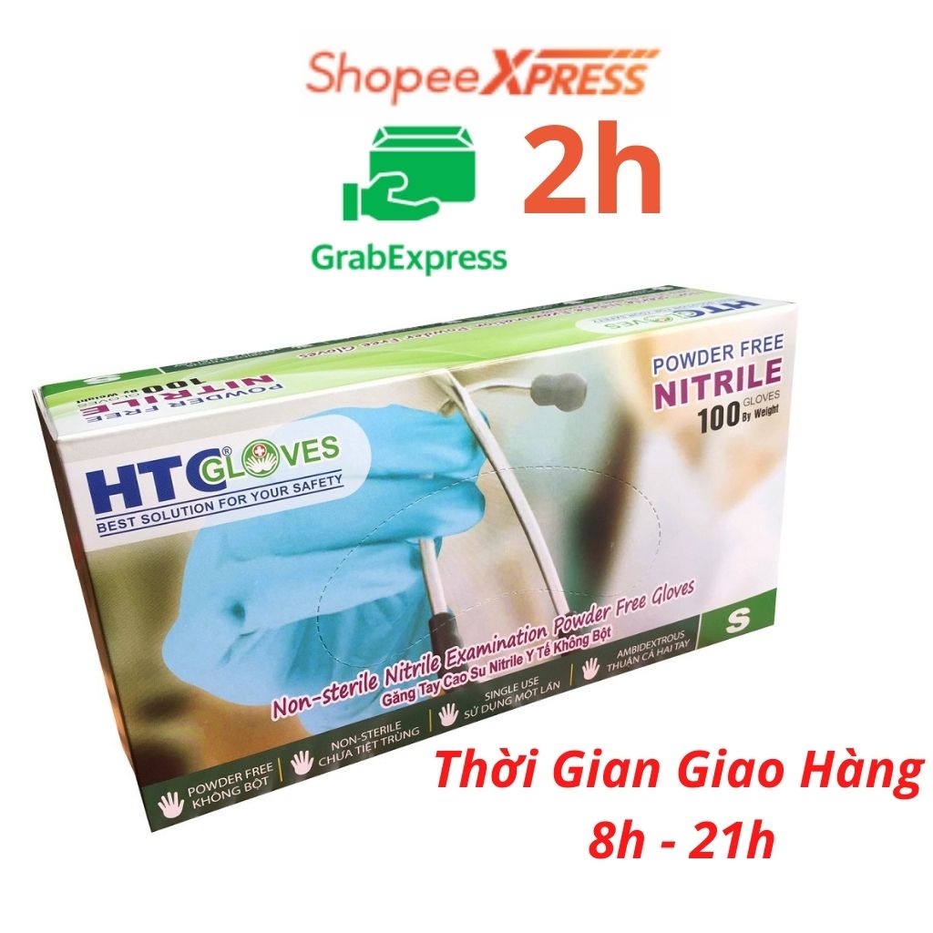 Bao tay cao su y tế không bột HTC Gloves, cao su Nitrile màu xanh size S, M hộp 100 cái.