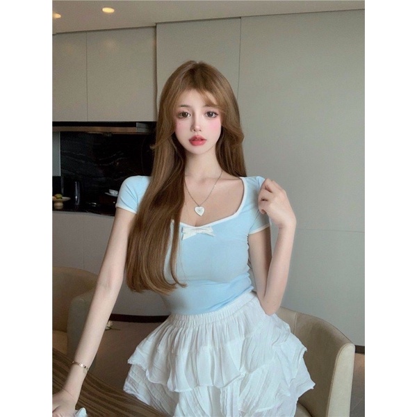 Áo nơ ngắn tay cổ vuông eo cao