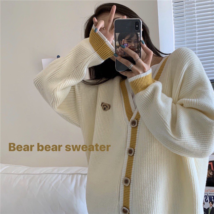 Áo khoác cardigan cổ chữ V dài tay dáng rộng phong cách Hàn Quốc retro