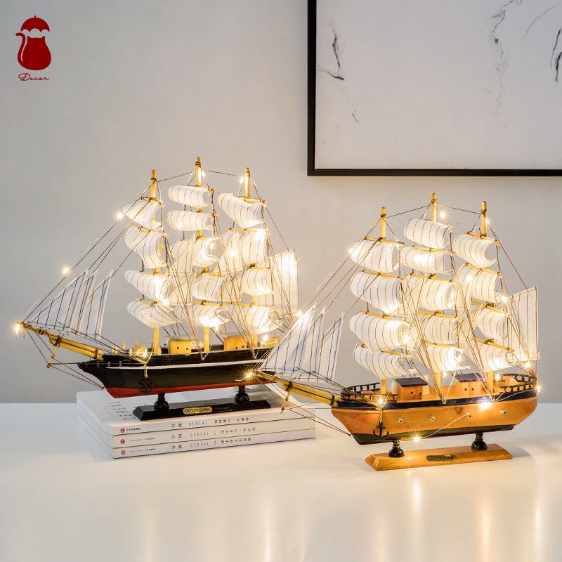 Mô hình thuyền gỗ Ô DECCOR, tàu mô hình gỗ 3D thuận buồm xuôi gió kèm đèn nháy trang trí nhà cửa