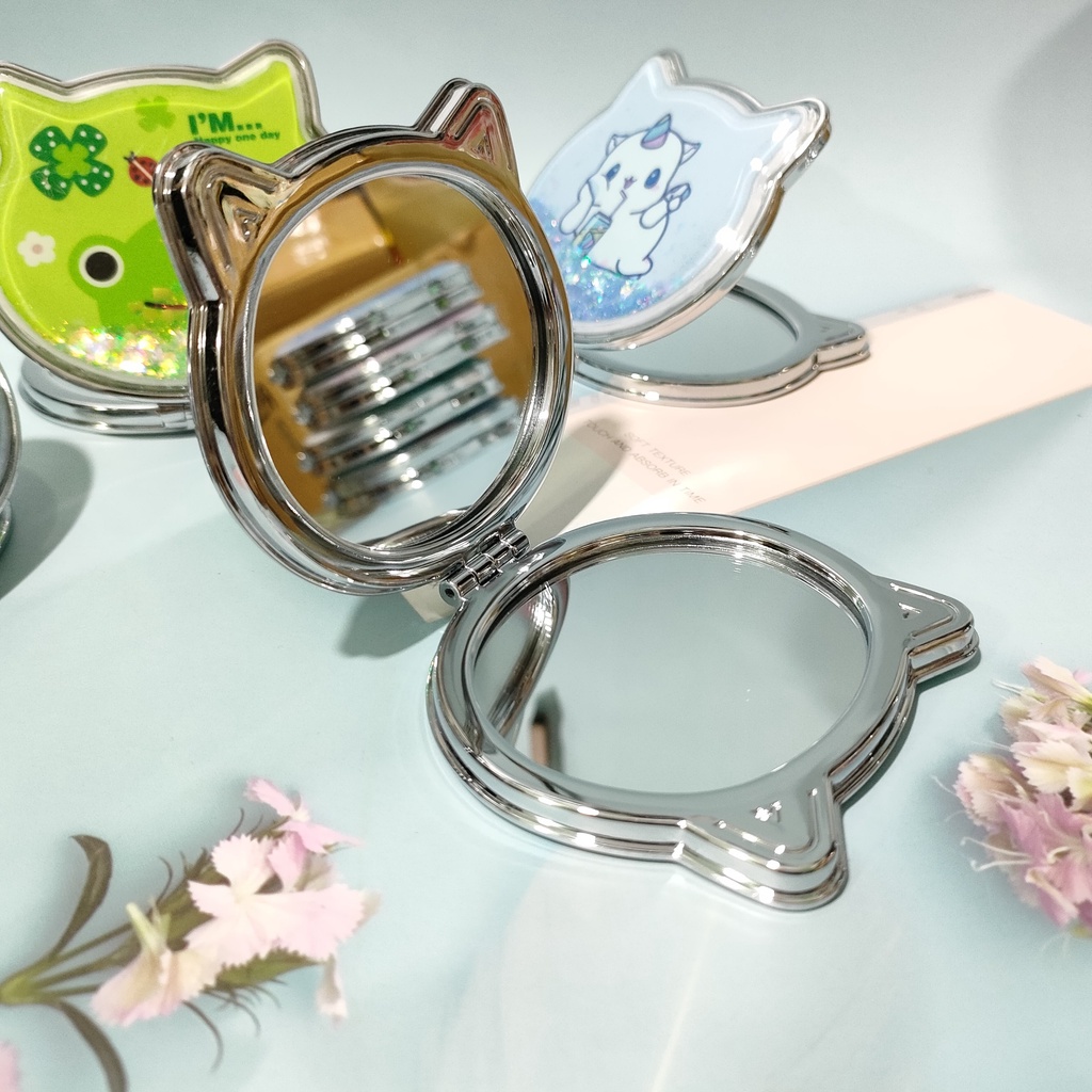 Gương mini nước chảy kim tuyến(tròn/mèo) 2 mặt