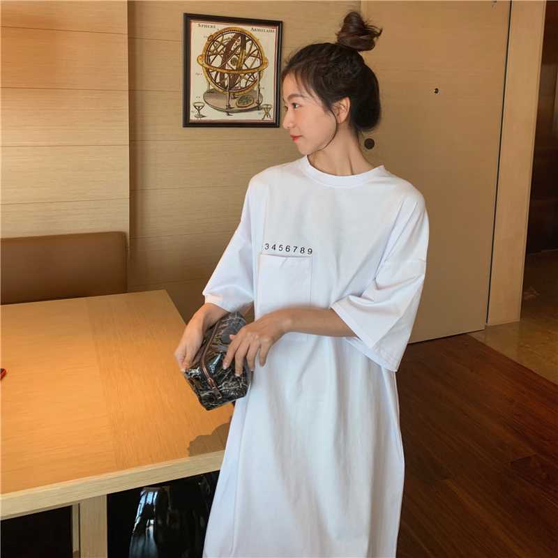 Đầm thun SUXI tay ngắn thêu họa tiết chữ cái phong cách Hàn Quốc thời trang dành cho nữ