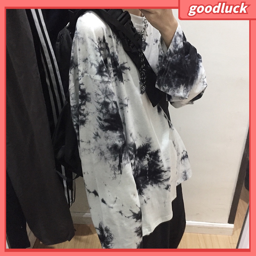 Áo thun thiết kế rộng cổ tròn tay dài kiểu màu nhuộm thời trang