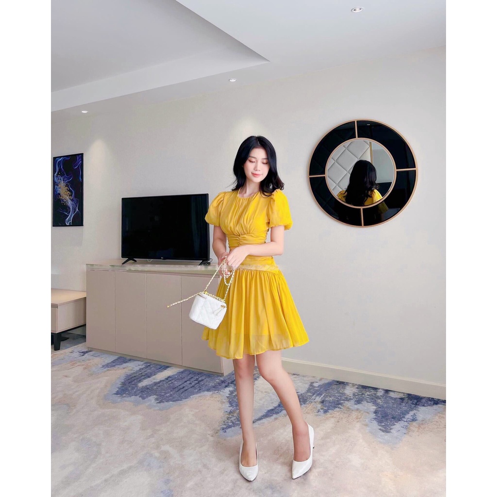 Váy nữ thiết kế dự tiệc, Đầm nhún bèo ly che bụng trẻ trung , dễ thương