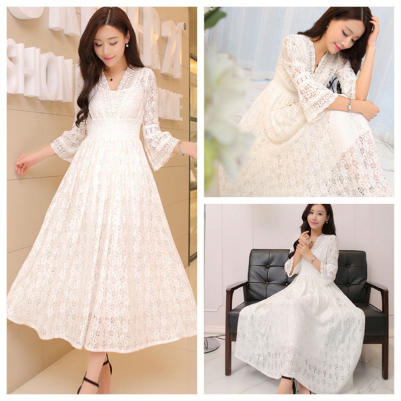 Đầm tay dài phối ren hoa thiết kế cổ chữ V quyến rũ | BigBuy360 - bigbuy360.vn