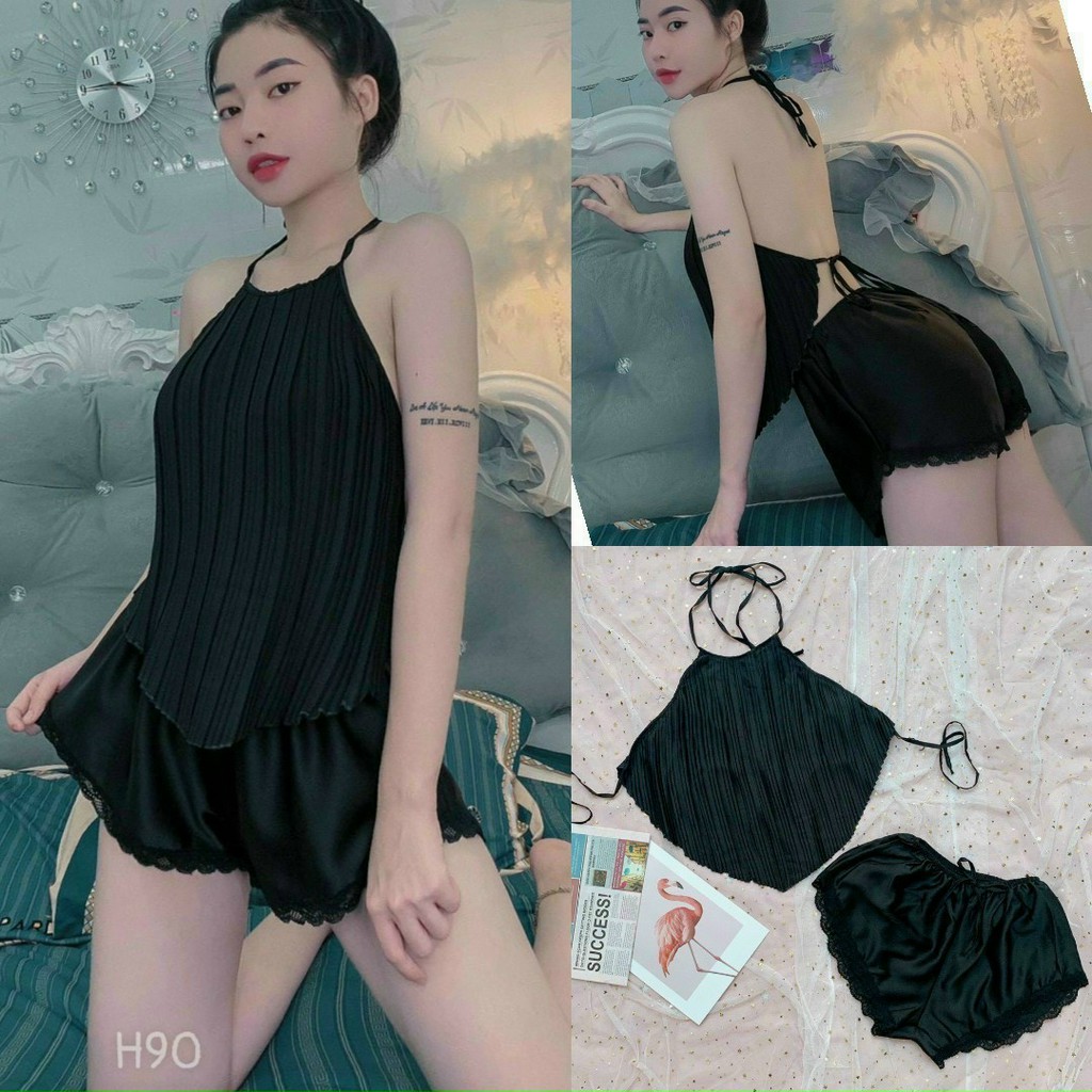 [Sẵn Ship Ngay] Set Đồ Ngủ Yếm Sexy Áo Cột Dây Dập Ly Quần Lụa Ren, Bộ Ngủ  Chất liệu Mát Lạnh Cực Mềm