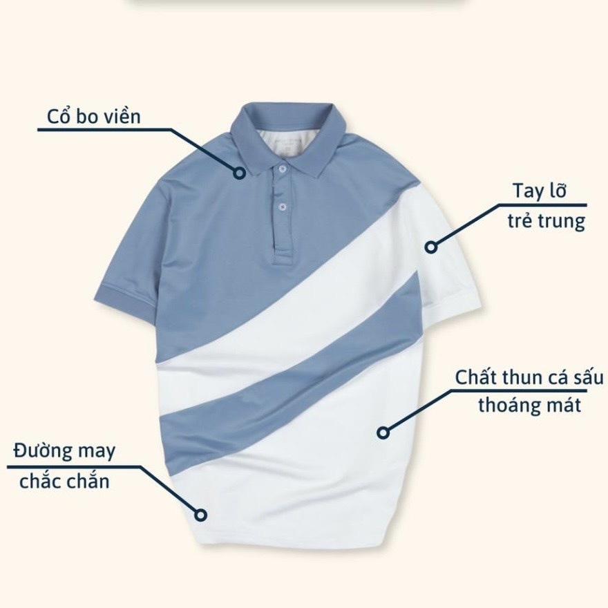 Áo polo nam cổ bẻ basic sọc chéo trắng phối xanh cao cấp