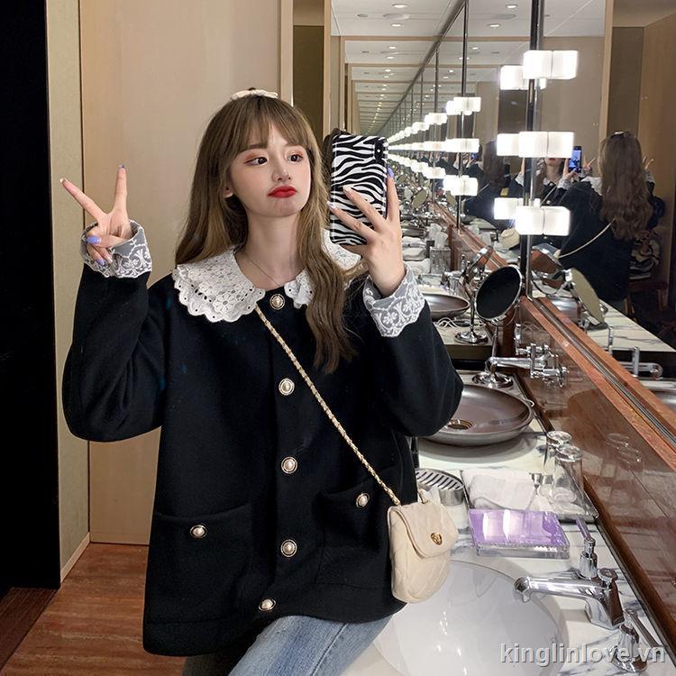 ❤Nước hoa quà tặng❤Đen Áo Khoác Cardigan Tay Dài Dáng Rộng Phối Ren Thời Trang Cho Nữ