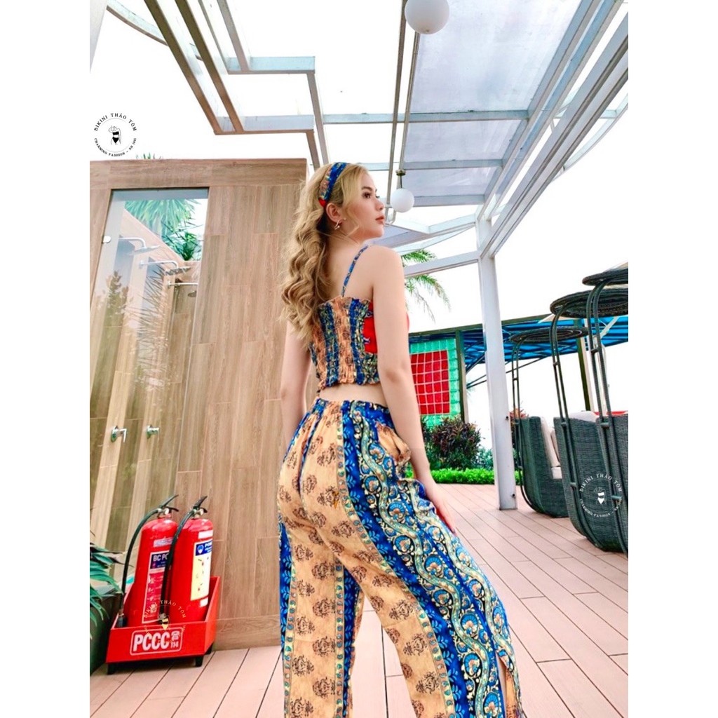 Set bộ đồ đi biển bikini quần ống rộng áo bra sang chảnh che nắng | BigBuy360 - bigbuy360.vn