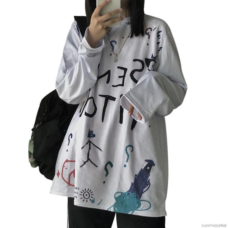 Áo thun tay dài dáng rộng hoạ tiết Graffiti độc đáo