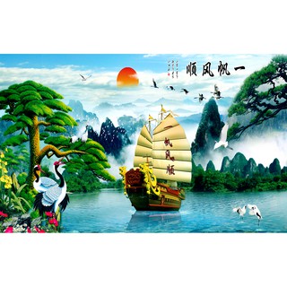 Tranh dán tường 3D Thuận buồm xuôi gió - VẢI LỤA  phủ kim sa (kích thước theo yêu cầu)