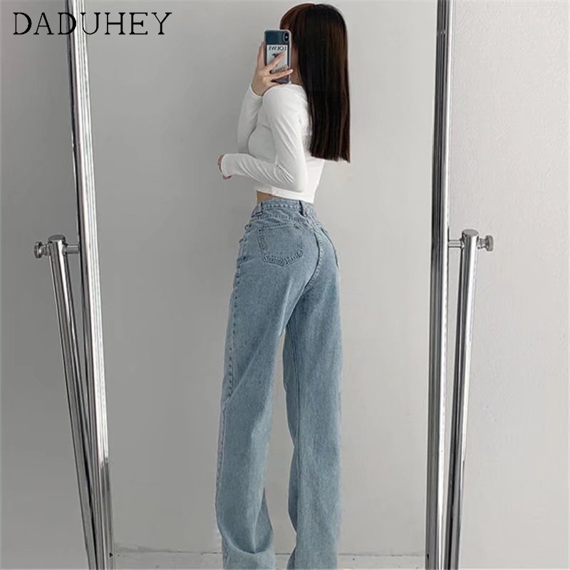 Daduhey Quần jean lưng cao ống thẳng suông mỏng rộng rãi phù hợp cho nữ