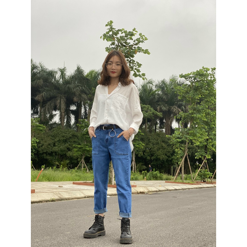 QUẦN BÒ JEAN BAGGY NỮ CẠP CHUN - MÀU XANH