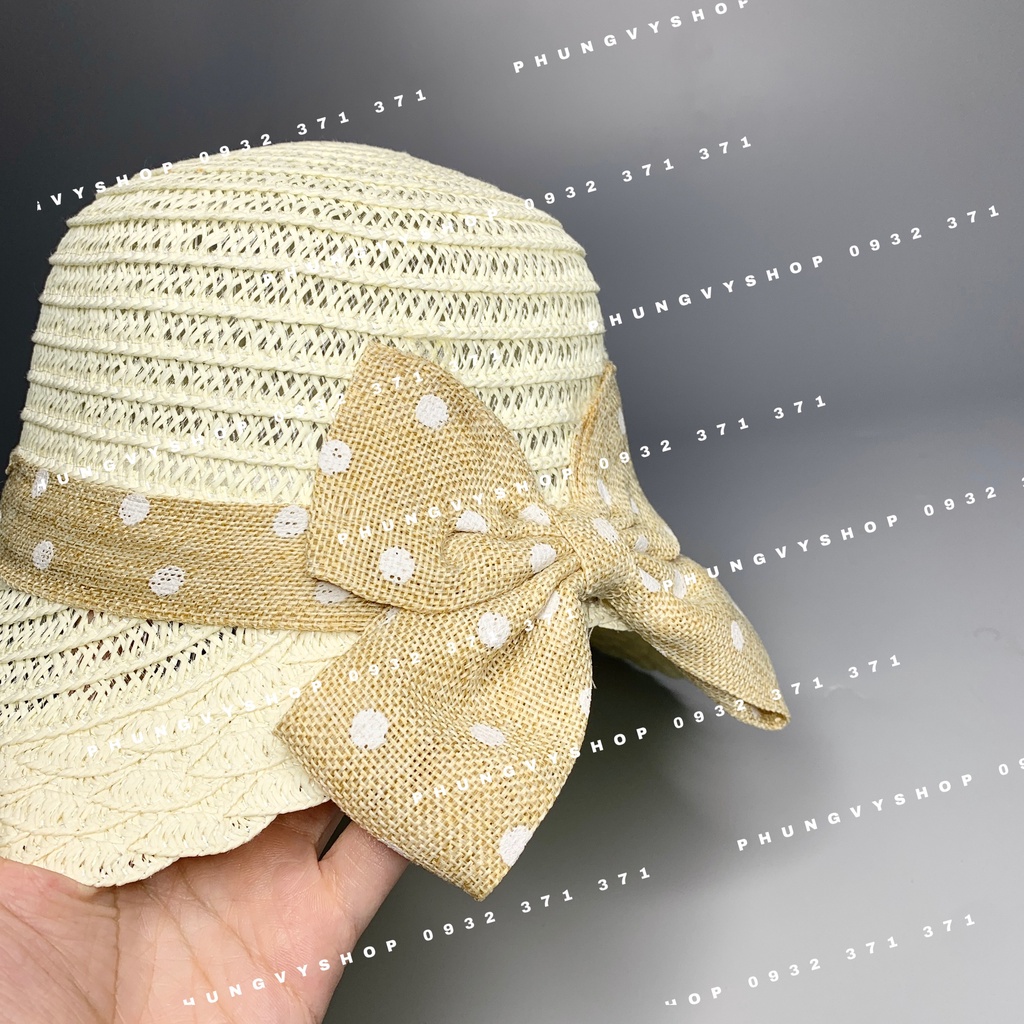 ĐG - Mũ cói HỞ SAU NƠ CHẤM BI vành viền Vảy- nón vành rộng đi biển che nắng