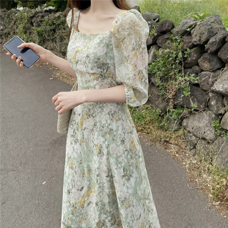 Đầm midi tay lỡ in hoa màu xanh lá cây phong cách cổ điển thanh lịch mới dành cho bạn nữ size S-3XL