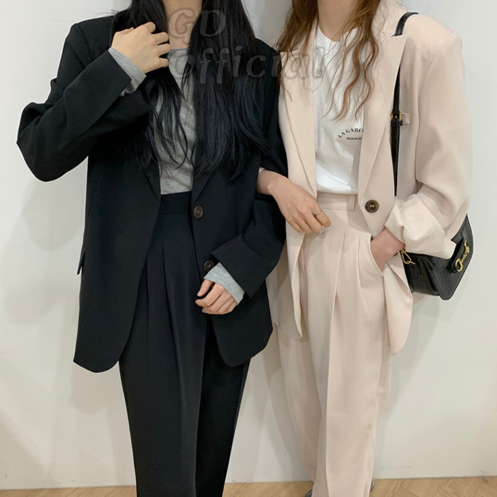 Set bộ vest công sở nữ áo khoác blazer rộng dài tay dày dặn, quần cạp lưng cao suông kaki trơn đen, be GD Official
