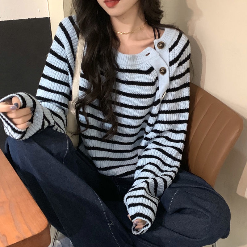 Áo sweater dệt kim kẻ sọc dáng rộng xinh xắn dành cho nữ