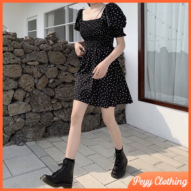 Đầm xòe cổ vuông tay phồng dáng ngắn họa tiết chấm bi phong cách ulzzang Hàn Quốc V39 - Peyy Clothing | BigBuy360 - bigbuy360.vn