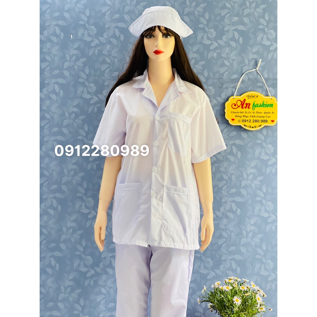 Áo Blouse Trắng Nữ Điều Dưỡng Ngắn Tay túi vuông vải kate - Áo Bác Sĩ, Dược Sĩ