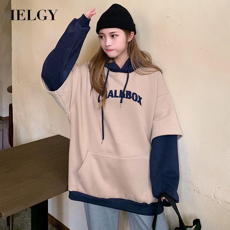 IELGY      Áo Hoodie Vải Lông Chắp Vá Dáng Rộng Phong Cách Hàn Quốc Cho Nữ