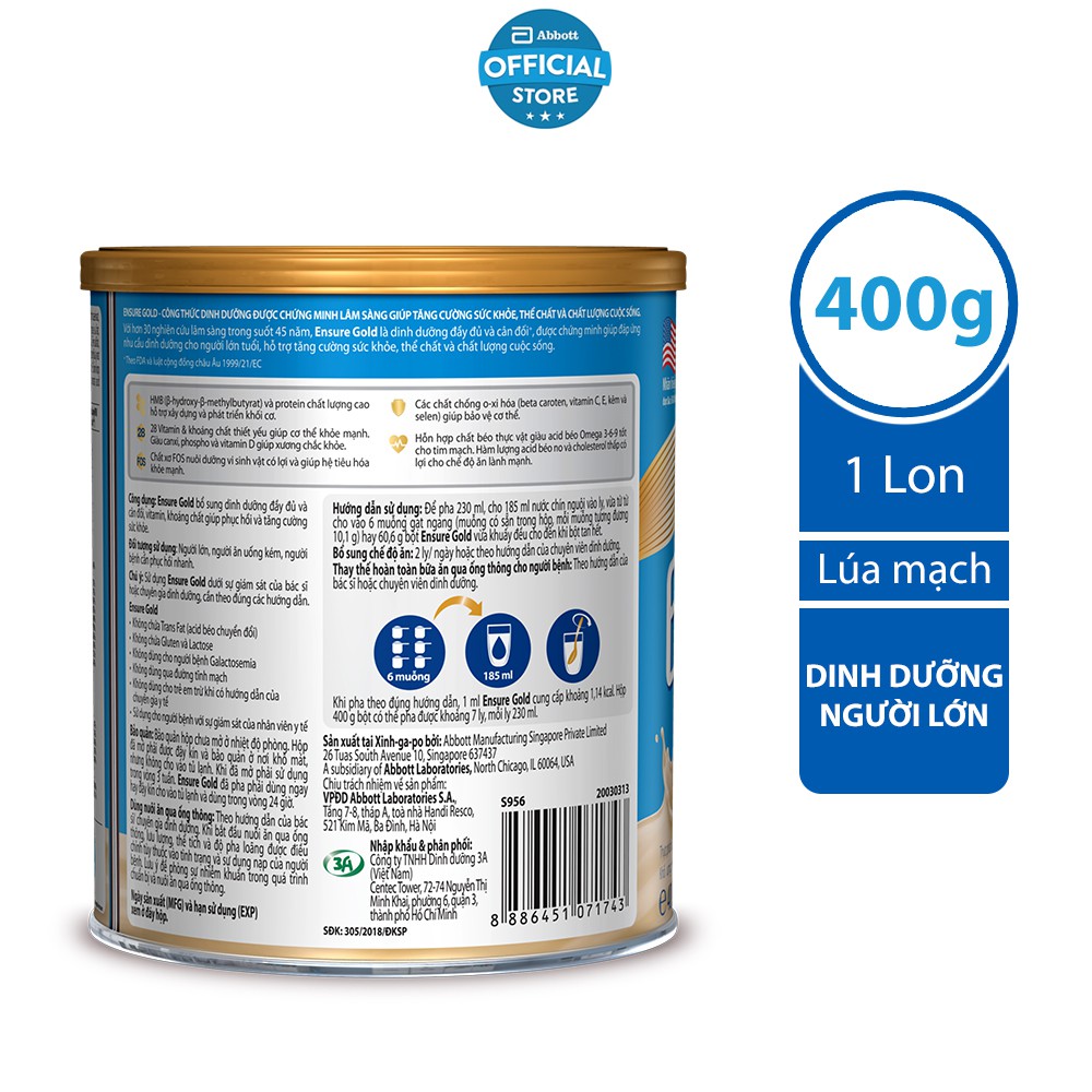 Sữa bột Ensure Gold Abbott (HMB) hương Lúa mạch 400g/lon | BigBuy360 - bigbuy360.vn