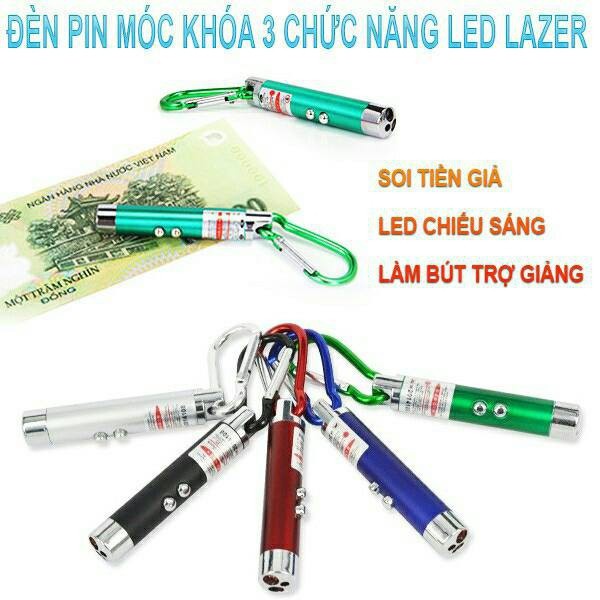 ĐÈN PIN MINI ĐA NĂNG 2 NÚT BẤM VỚI 3 CHẾ ĐỘ (ĐÈN PIN, ĐÈN LASER, ĐÈN SOI TIỀN GIẢ) NHIỀU MÀU CÓ MÓC KHÓA NHÔM HÌNH BẦU