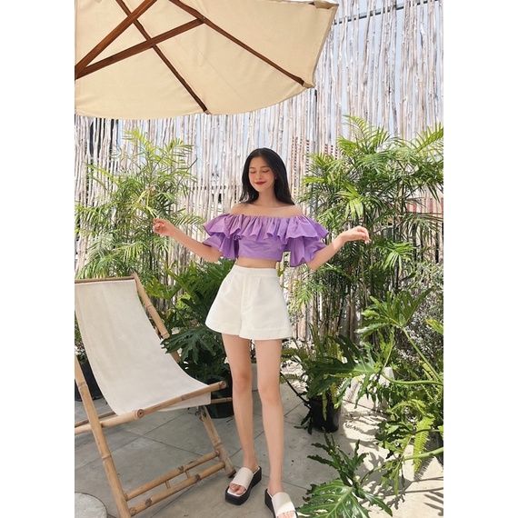 Anis Áo croptop trễ vai đi biển, croptop tay ngắn bánh bèo có thun ngực Laphin Top