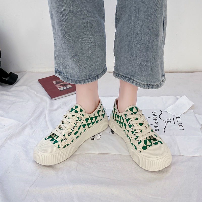 Giày thể thao, sneaker nữ vải canvas mềm phối họa tiết màu siêu xinh đế bánh mì tăng chiều cao