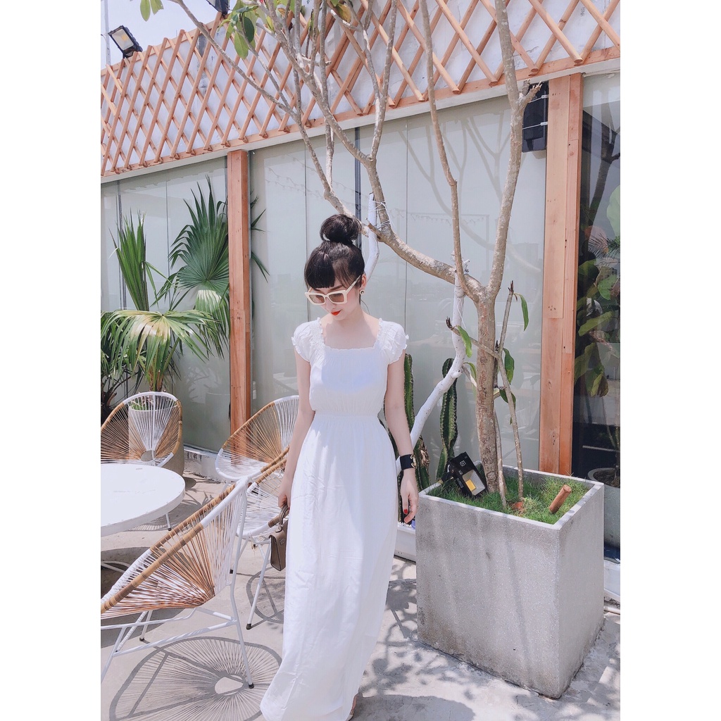 Đầm trắng trễ vai maxi, váy 2 lớp chất xịn đẹp, mặc ddi dạo đi biển, bầu bí bon chen đẹp