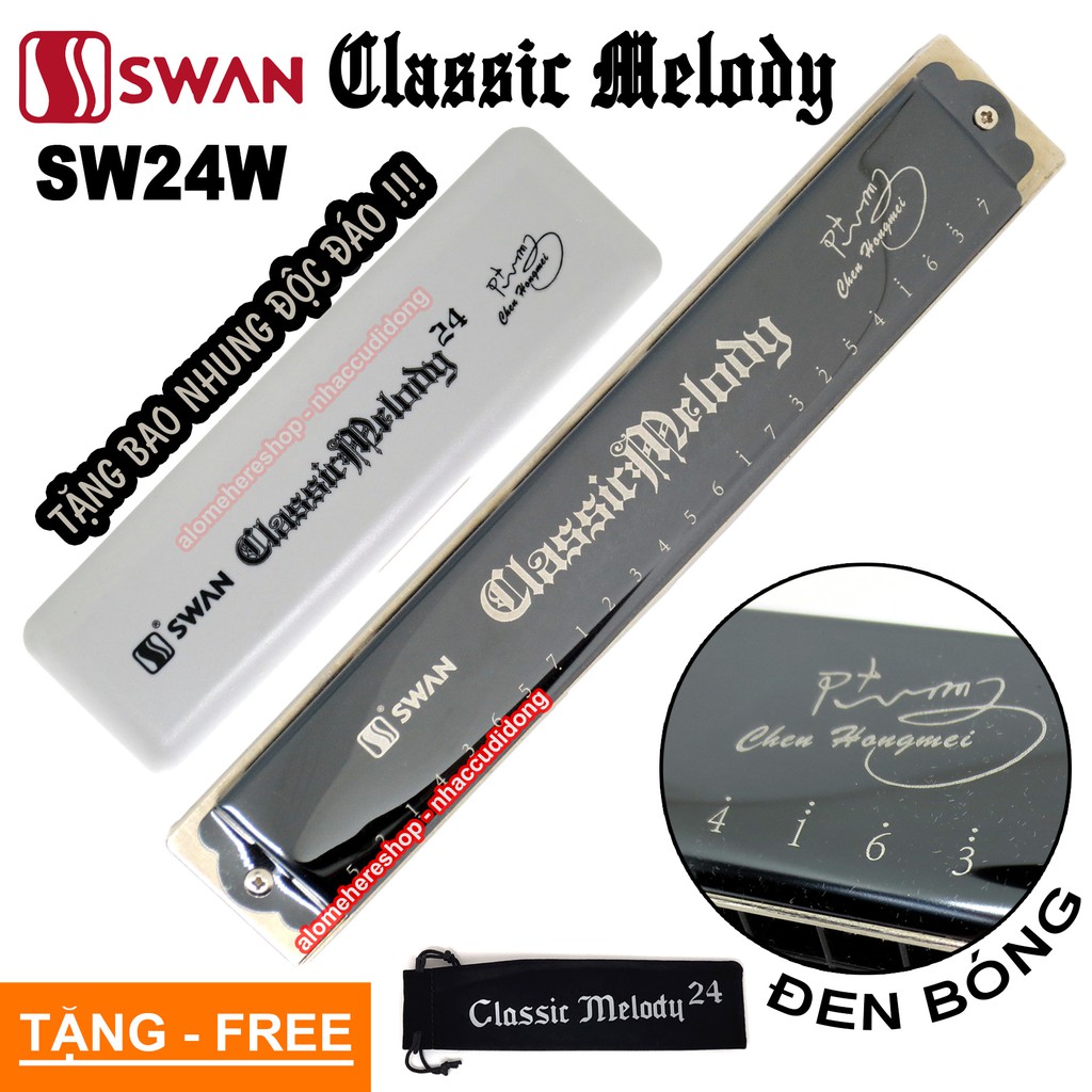 Kèn Harmonica Tremolo Swan Classic Melody 24 Cao Cấp Đen Key C Tặng Bao Nhung Ấn Tượng