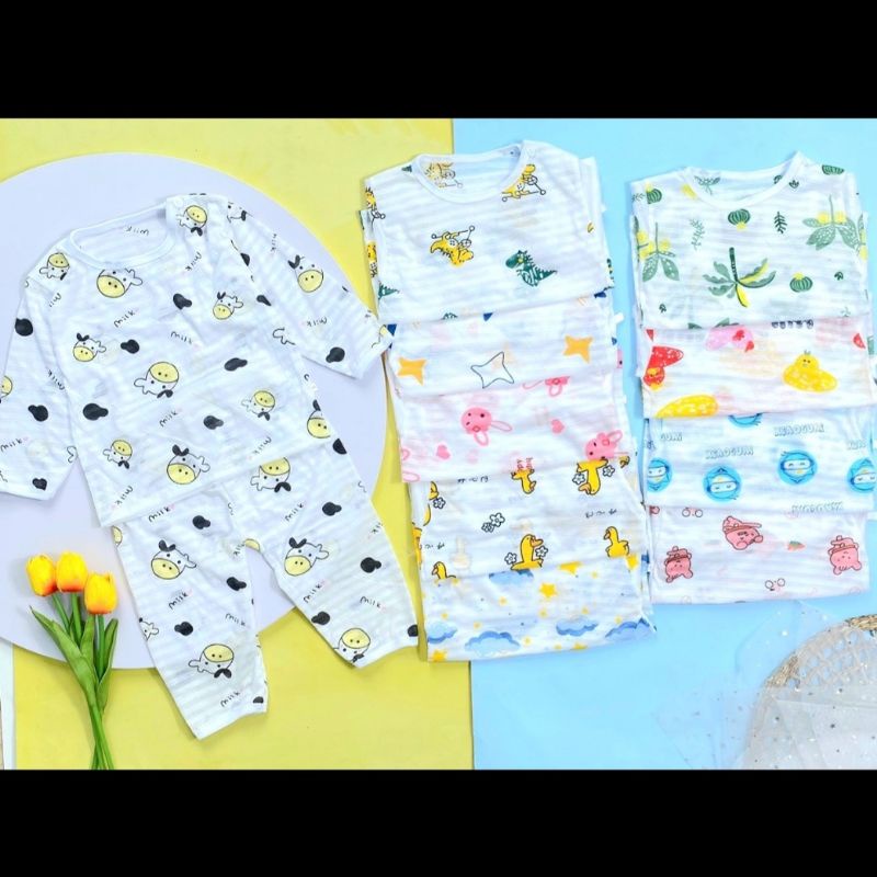 Bộ dài tay bé trai bé gái cotton tre khuy vai mỏng mát mặc ngủ điều hòa