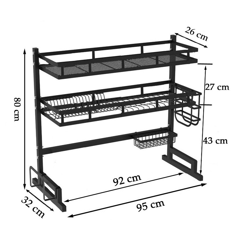 [𝗦𝗶𝘇𝗲 𝗧𝗼 𝗡𝗵𝗮̂́𝘁 𝟭𝟮𝟱𝗰𝗺] Kệ chén bát 2 tầng trên bồn rửa Rensi, giá để bát tiện lợi thép cacbon sơn đen cao cấp