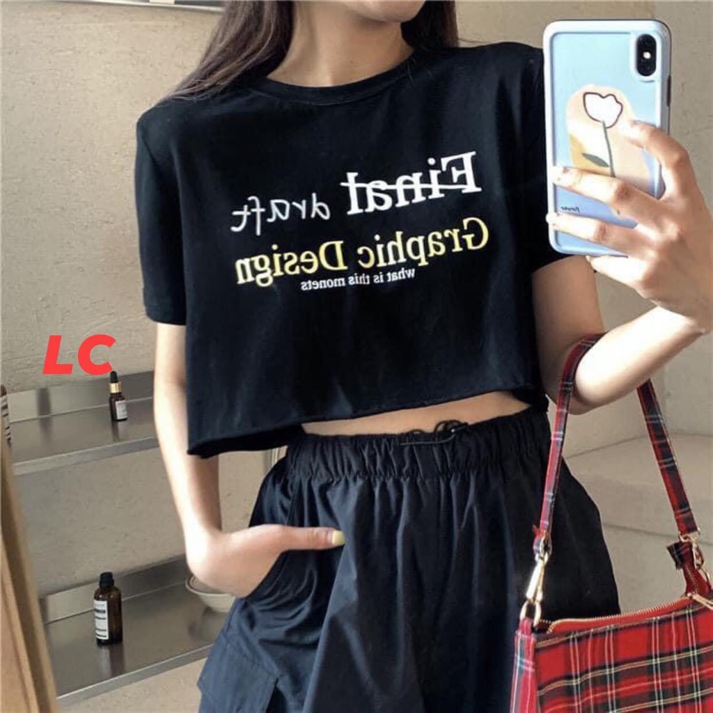 Áo thun nữ Croptop CHỮ NGANG NGỰC đơn giản hai màu trắng đen, croptop form rộng ngắn tay năng động thoải mái mặc hè