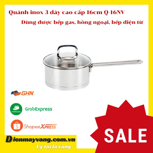 〖Sử dụng được bếp từ〗Quánh inox cao cấp 3 đáy Happy Cook Novelty Q16-NV (16cm) - Nắp kính cường lực - Quai và núm inox