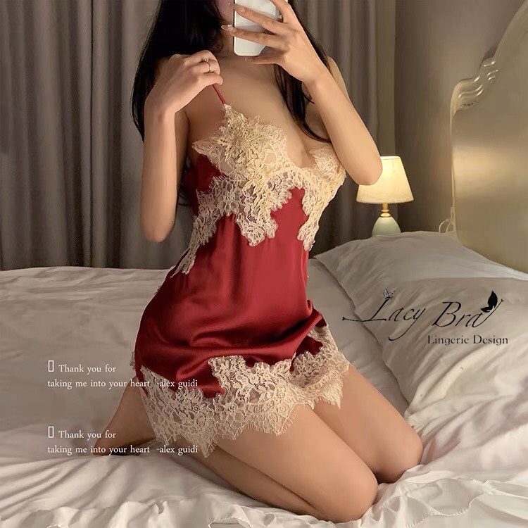 Váy Ngủ Lụa Satin Mềm Phối Ren Sexy Dây Đan Chéo Lưng Gợi Cảm Lacy Bra - V1