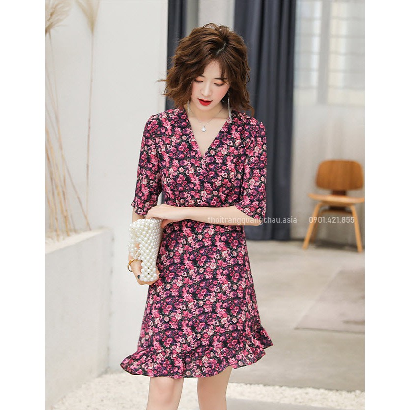 Đầm Hoa Mùa Hè Cổ V Có Dây Cột Eo Style Hàn Quốc QC 78