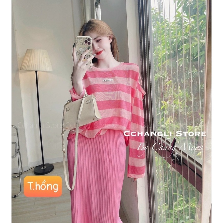 Set Áo Hở Vai Phối Chân Váy Len Dáng Dài, Set Đồ Mùa Thu Phong Cách Hàn Quốc