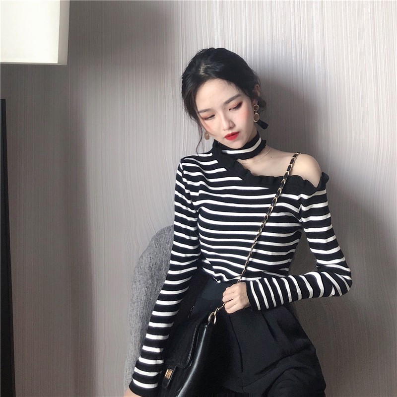 [ORDER] ÁO CỔ CHOCKER KẺ NGANG LỆCH VAI MÃ 3038