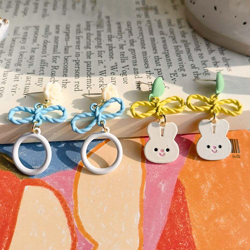 Khuyên Tai Acrylic Hình Tròn Họa Tiết Thỏ / Gấu Khoét Lỗ Thời Trang Dự Tiệc Cho Nữ