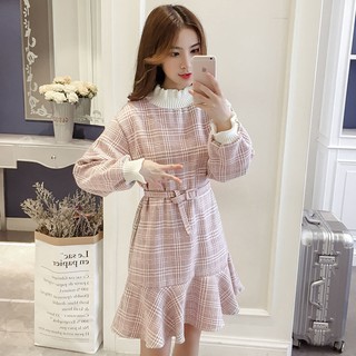 ▫đầm len tay dài dáng rộng kiểu đuôi cá họa tiết sọc caro thời trang