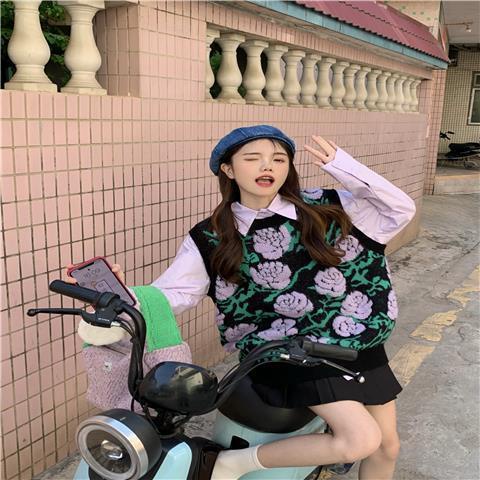 Set Áo Sơ Mi Dáng Rộng + Áo Khoác Len Không Tay Họa Tiết Hoa Xinh Xắn Ngọt Ngào Thời Trang Cho Nữ
